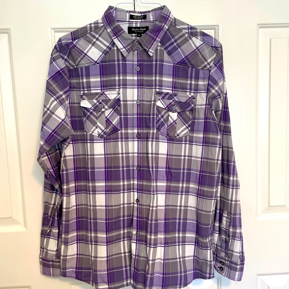 Men’s Button Down Collared Shirt, Purple & Black Plaid, XL